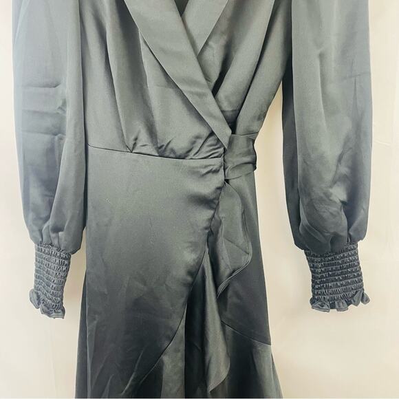 EUC‎ Rachel Parcell Long Sleeve Hammered Ruffled Satin Wrap Dress Black size XXS - Picture 6 of 12